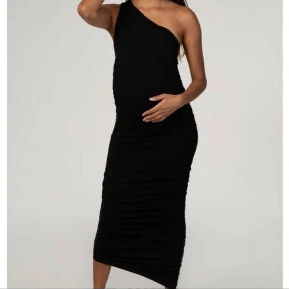 Pinkblush Maternity One Shoulder Ruched Midi Bodycon Dress- Small, Black - Picture 1 of 4